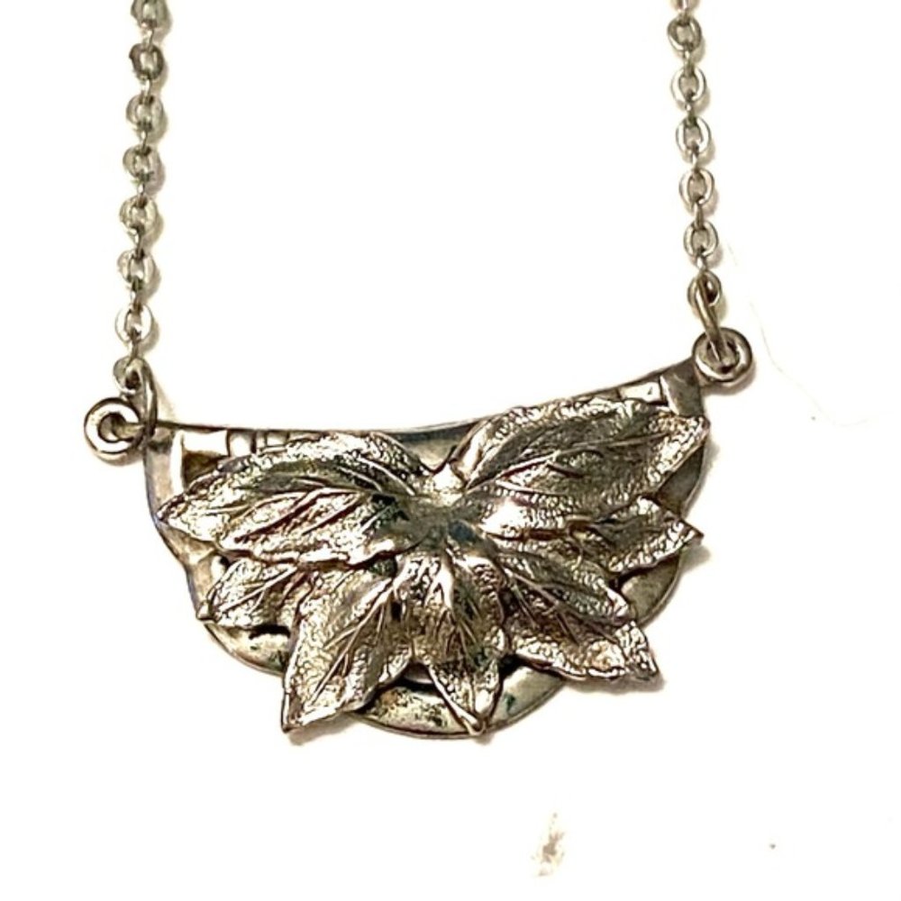 Vintage Silver Lily Crescent Moon Necklace Pendant